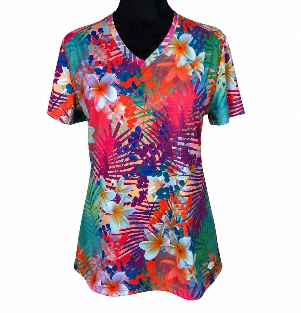 Reel Legends Freeline Vibrant Floral Top Shirt Sz Small V-Neck Quick Dry UPF